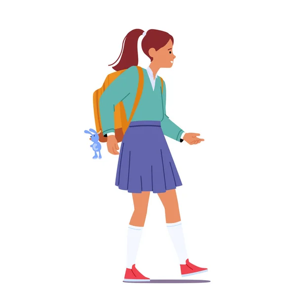 Üniversiteye sırt çantalı, beyaz arka planda yalnız gezen tatlı bir kız. Kadın Gençler üniforma ve sırt çantası giyer. — Stok Vektör