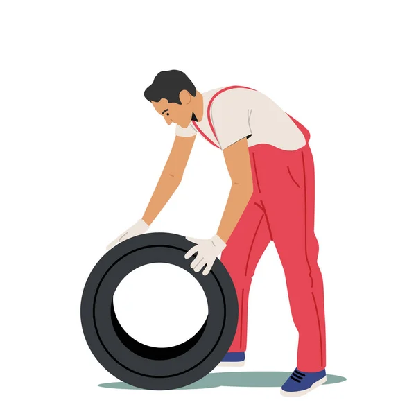 Man in Red Uniform Holding Tire for Mount or Change. Service Station Staff, Auto Mechanic Character, Diagnostics — Stock Vector