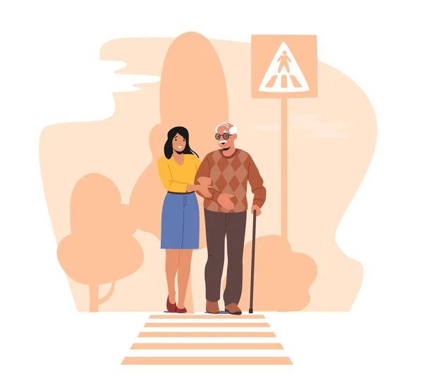 Female Character Help for Elderly Man with Walking Cane to Cross Road. Young Woman City Dweller Move over Crossroad — 스톡 벡터