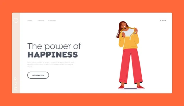 Die Macht des Glücks Landing Page Template. Fröhliches Frauenlachen Emotion, Reaktion auf Humor. Glücklicher weiblicher Charakter — Stockvektor