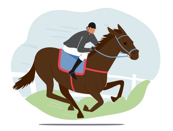 Paardensport en Paardentraining Concept. Trainer Jockey Karakter Riding Thoroughbred Stallion op Hippodrome — Stockvector