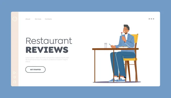 Restaurante Opiniones Plantilla Landing Page. Hombre joven sentado en la mesa en Café comiendo. Hambre Hombre Carácter Comer Alimentos — Vector de stock