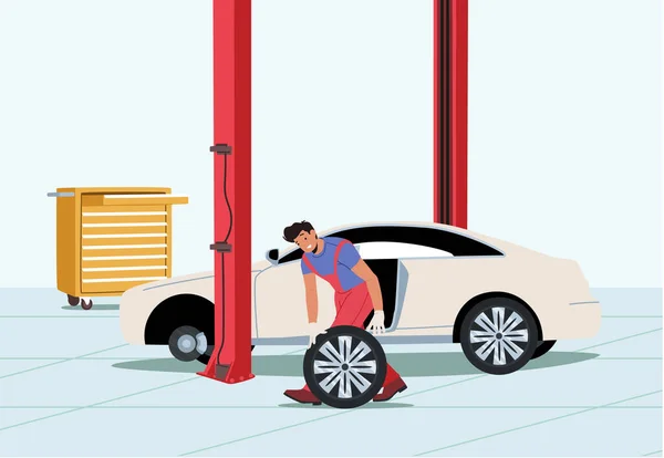 El trabajador cambia neumáticos de automóviles en el garaje. Servicio de Mantenimiento y Fijación de Coche. Caracteres masculinos Use neumáticos de montaje uniformes — Vector de stock