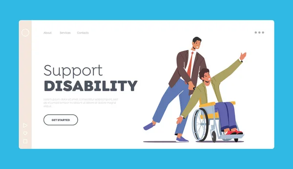 Support Disability Landing Page Template. Successful Project, Goal Achievement. Healthy and Disabled Colleagues Fun — 스톡 벡터