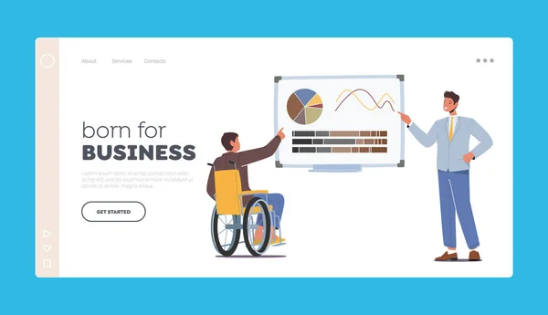 Geschäftsvorlage Landing Page Template. Konferenzraum Meeting oder Seminar mit Trainer Charakter — Stockvektor