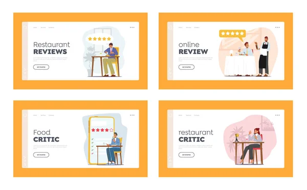 Food Critics Landing Page Template Set. Professionelle Schriftsteller oder Blogger schreiben Rezension und Ranking Restaurantküche — Stockvektor