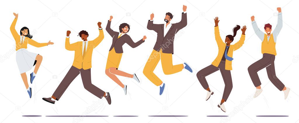 Set of Happy Office Employees Jump with Raised Arms, Characters Feel Positive Emotions, Rejoice, Victory or Success