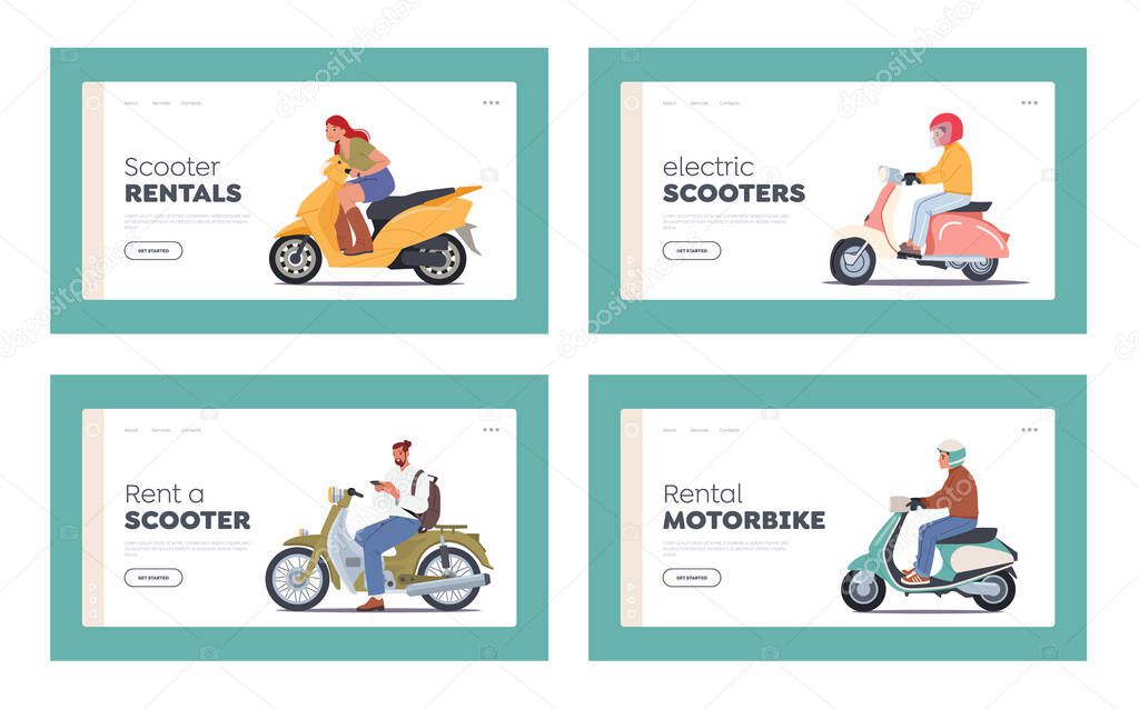 Scooter Rentals Landing Page Template Set. Motorcyclist Riders in Helmets Driving Motor Bikes, Bikers Riding Motorcycles