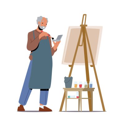 Yaşlanmış İnsanlar Yaratıcı Meslek, Boş Zaman. Kıdemli Sanatçı Hobisi. Yaşlı Erkek Ressam Karakteri Boya Fırçası