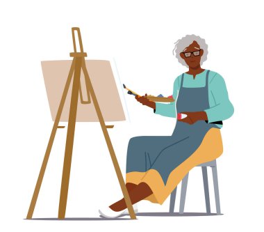 Easel Resimlerinde Tablonun Önünde Elde Boyalı Fırça Kıdemli Kadın Sanatçı. Afrikalı Kadın Hobisi
