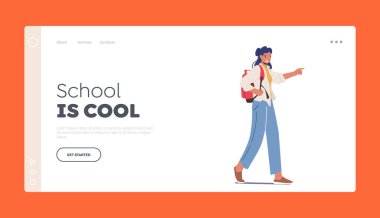 Okul Cool Landing Page Şablonu. Sırt çantasıyla yürüyen Genç Öğrenci Kadın Karakteri, Yoldan geçen Genç Kadın