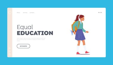 Üniversite İniş Şablonu 'na Sırt çantasıyla Yürüyen Sevimli Okul Kızı. Kadın Genç Karakter Üniforması