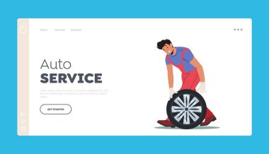 Otomatik Onarım İniş Şablonu. Garaj atölyesinde araç tamiri. Kırmızı Tulumlu Tamirci