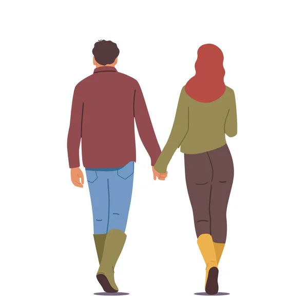 Männliche und weibliche Charaktere halten die Hände nach hinten. Liebendes Paar romantische Beziehungen. Mann und Frau gehen — Stockvektor