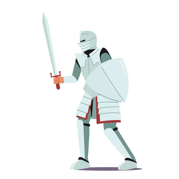 Cavaleiro Medieval Usa Armadura Segurando Espada Isolada em Fundo Branco. Luta de Soldados Antigos em Guerra, Duelo ou Torneio — Vetor de Stock