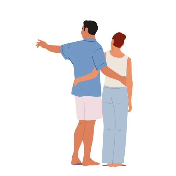 Loving Couple Hug Back View, Romantic Relations Concept. Happy Man Woman Embracing and Hugging. Lovers Dating — стоковый вектор