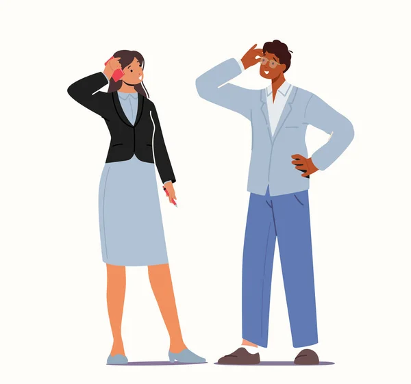 Geschäftsleute kommunizieren, Fragen stellen, nach Lösungen suchen, männliche und weibliche Geschäftsleute im Gespräch — Stockvektor