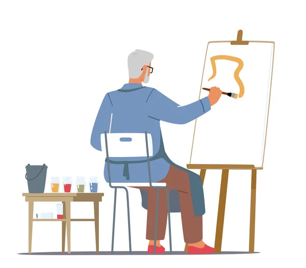 Oude Man Schilder Karakter Hold Paintbrush in de hand tekenen met verf op Easel in Art Studio Rear View, Senior Artist — Stockvector
