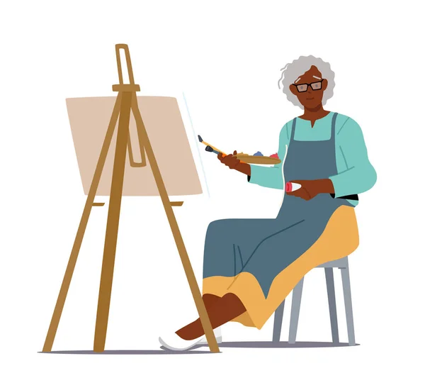 Femme Artiste Senior Tenez le pinceau à la main devant la toile sur le dessin du chevalet. Aged African Lady Hobby — Image vectorielle