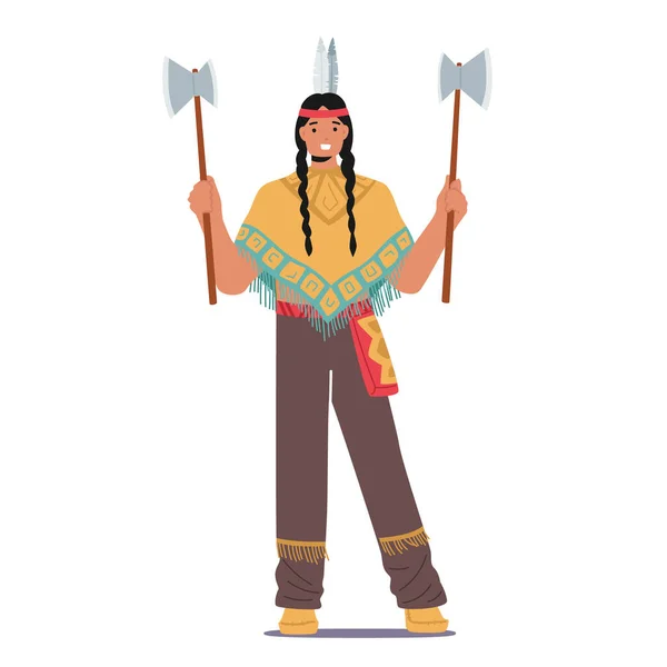 Indian American Indigenous Warrior with Axes, Male Character, Native Aboriginal Person in Tribal Costume and Headwear — стоковый вектор