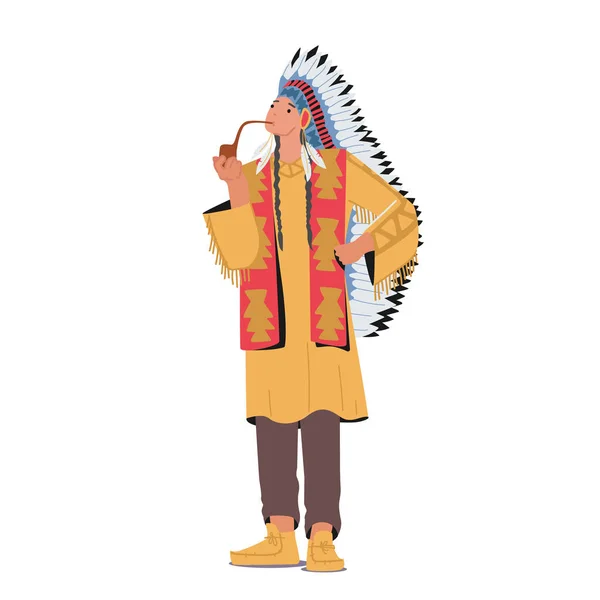 Indian American Chief em Vestido Tribal e Headwear com Penas Fumar Pipe of Peace. Apache indígena nativo — Vetor de Stock