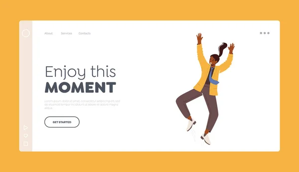 Aproveite Moment Landing Page Template. Happy Female Character Waving Hands, Rejoice and Jump. Escritório Mulher Comemorar — Vetor de Stock