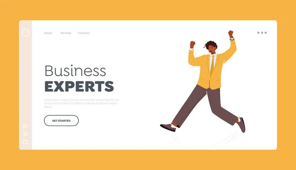 Business Experts Landing Page Template. Fröhlicher Büroangestellter springt in formeller Kleidung mit erhobenen Händen — Stockvektor