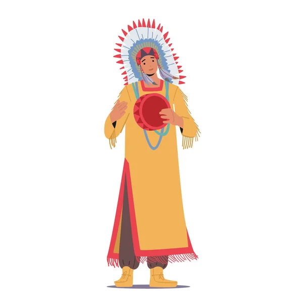 穿着部落服装和头饰的印第安人酋长或萨满，与羽毛一起玩手鼓和歌唱。土著人民 — 图库矢量图片