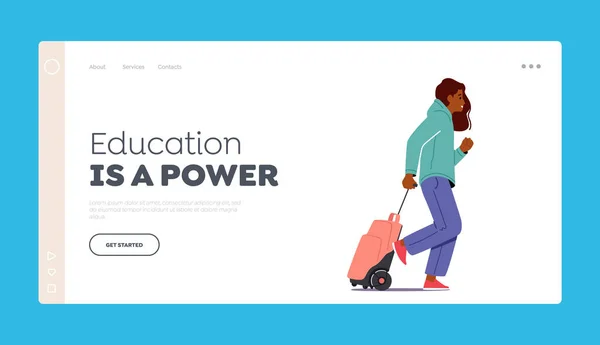 Educational is a Power Landing Page Template. School Girl Walk with Schoolbag on Wheels. Female Student Character — стоковый вектор