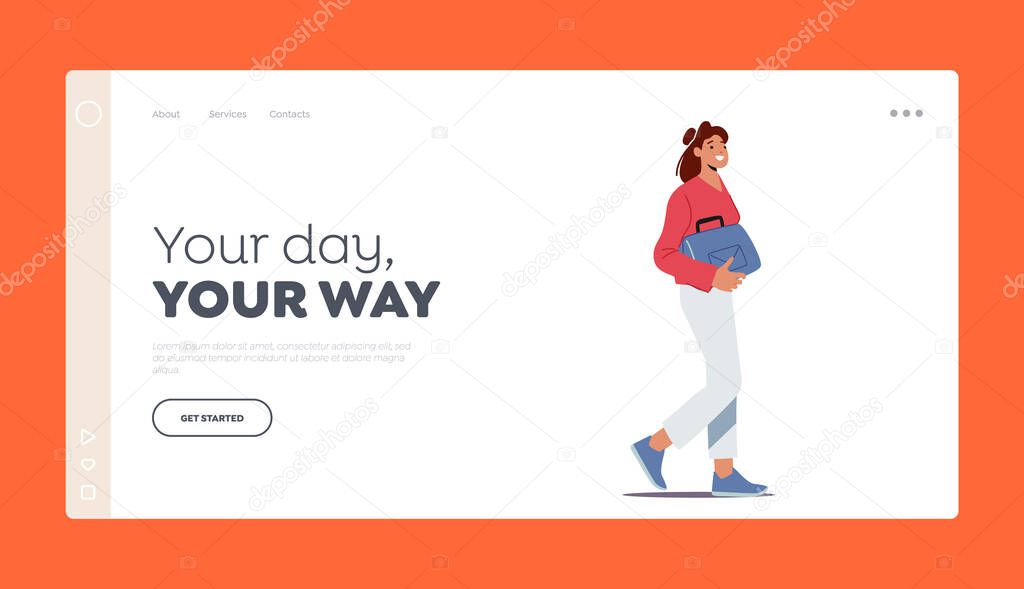Young Woman with Bag in Hand Walking Landing Page Template. Female Character Passerby, Pedestrian Walk on Street