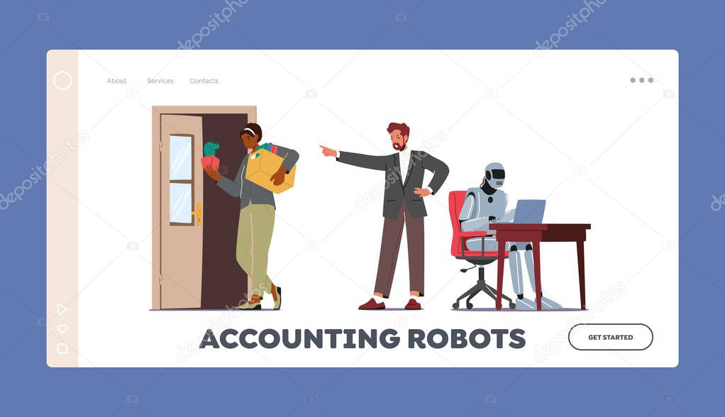 Accounting Robots Landing Page Template. Cyborg Replace People at Job. Robotic Industry, Artificial Intelligence Concept