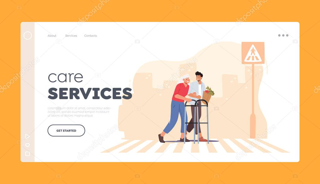 Care Services Landing Page Template. Male Character Cross Road with Elderly Lady. Man Help Senior Woman