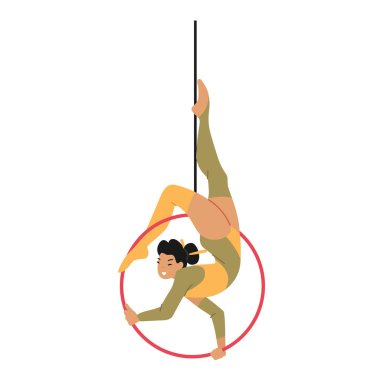 Circus Aerial Jimnastikçi Kız ringde dengede duruyor. Akrobat Kadın Gösterisi Performansı. Kız Akrobat Karakteri Kostüm Giyiyor