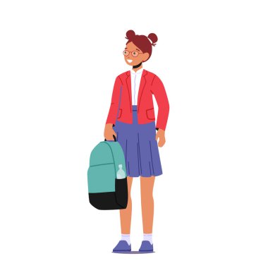 Sırt çantalı küçük öğrenci kız beyaz arka planda izole edilmiş. Okul çocuğu okula giderken gözlük ve üniforma takıyor.