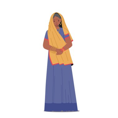 Hindistan 'ın gülümseyen yaşlı kadını. Kıdemli Hintli Kadın, beyaz arka planda uzun sari ve aksesuar giyer.