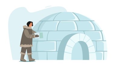 Eskimo Female Character Building Igloo Making House of Ice Blocks Isolated on White Background. Life in Far North, Inuit