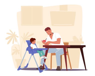 Baba kaşıkla bebeği besler, bebek özel sandalyeye oturur. Baba çocuk yetiştirmekle meşgul. Çocuk Kahvaltı Ediyor