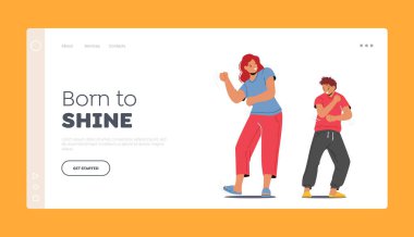 İnsanlar Boş Zaman, Neşeli İniş Sayfa Şablonu. Mutlu Aile Annesi ve Genç Oğlu Evde Dans Ediyor