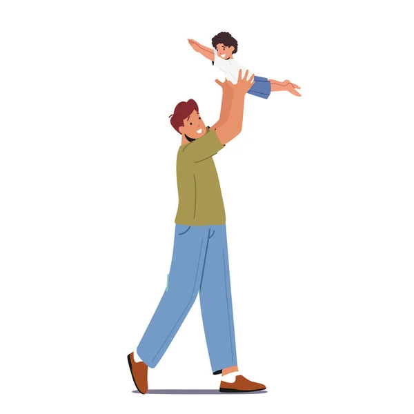 Happy Father Character Tossing Up in the Air Little Baby Son. Dad Playing with Child, Family Fun, Weekend Leisure, Game — 스톡 벡터