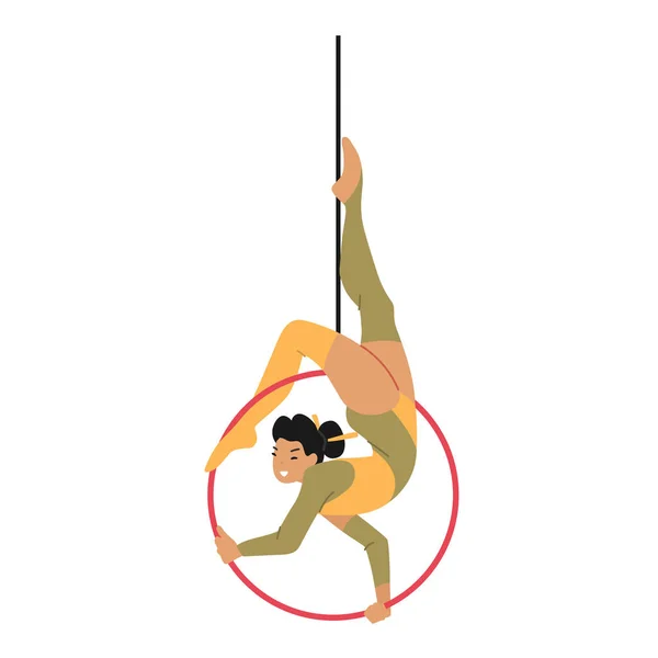 Circus Aerial Gymnast Girl Balancing in Ring. Acrobatics Woman Show Performance. Girl Acrobat Character Wearing Costume — Vector de stock