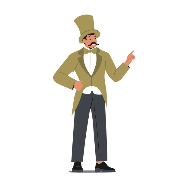 Circus Performer, Ringmaster Karakter in Top Hat en Vintage Tailcoat Costume. Geïsoleerde Man Aankondiger, Showman Magician — Stockvector
