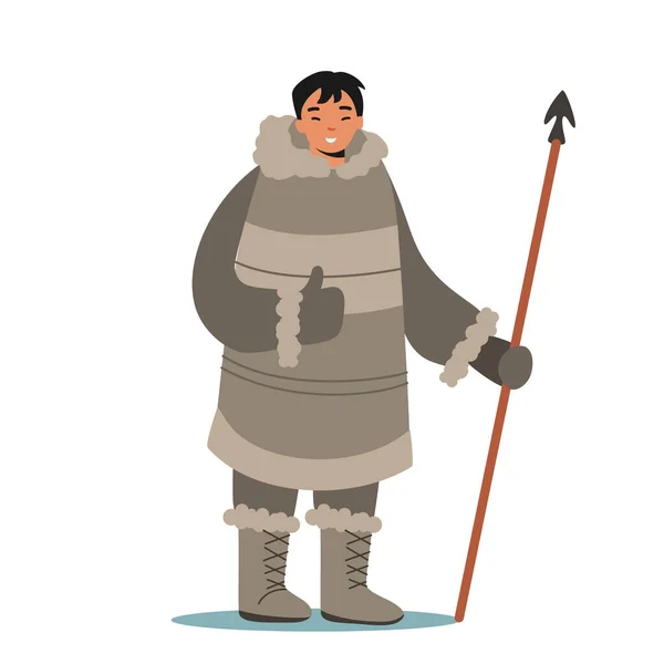 Eskimo Male Character Happy Face Hold Spear Show Thumb Up. Life in Far North, Inuit Hunter Wearing Traditional Clothes — Vector de stock