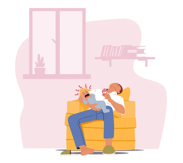 Fatigué parent avec pleurer enfant à la maison, Fatigue père caractère dormir sur fauteuil et bébé hurler, papa sur la maternité — Image vectorielle