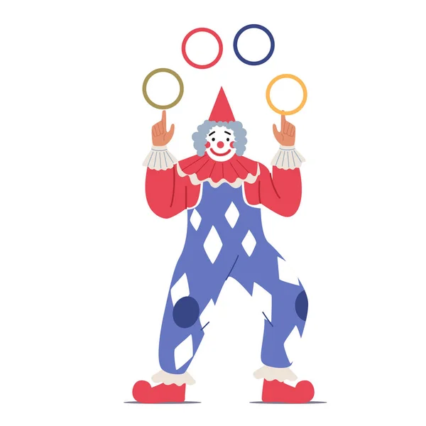 Big Top Tent Circus Clown Juggler. Isolated Artist Character Dressed in Stage Costume on Arena Throwing Rings. Divertente. — Vettoriale Stock