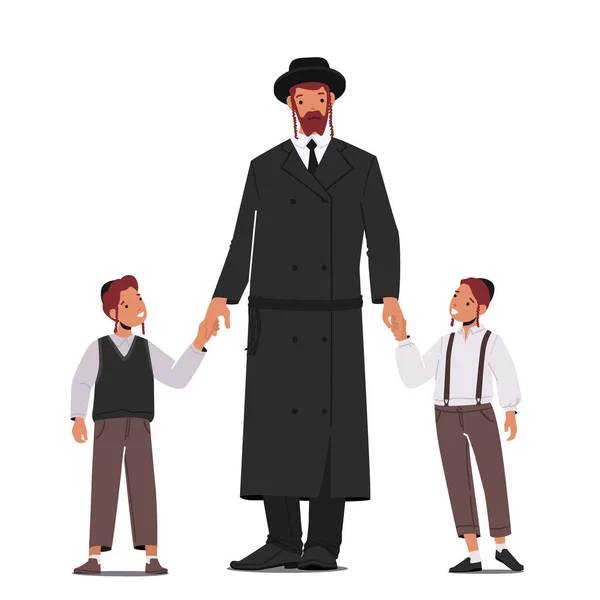 Traditional Jewish Family, Orthodox Jew Father with Sons Characters. Human Generations, Relations, Bonding — стоковый вектор