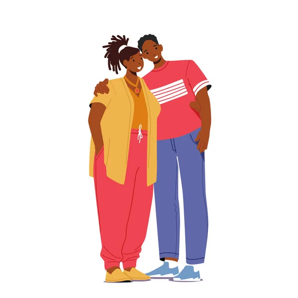 Moderne Afrikaanse mannelijke en vrouwelijke karakters knuffelen. Liefdevolle paar romantische relaties. Man en vrouw omhelzen elkaar — Stockvector