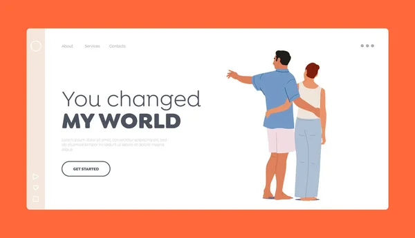 Romantic Relations Landing Page Template. Loving Couple Hug Back View, Happy Man Woman Embracing and Hugging —  Vetores de Stock