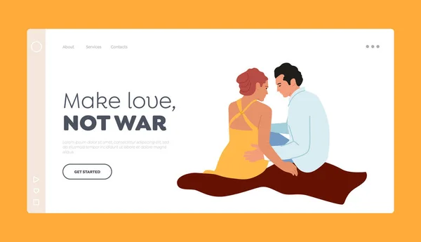Loving Couple Picnic Dating Landing Page Template. Male and Female Characters Love, Connection, Romance — Stockvector