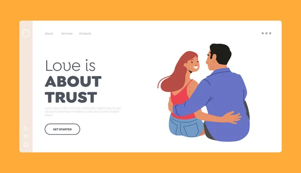 Man and Woman Lovers Dating, Love Landing Page Template. Male Female Characters Sitting on Ground, Hug and Look in Eyes — Vetor de Stock