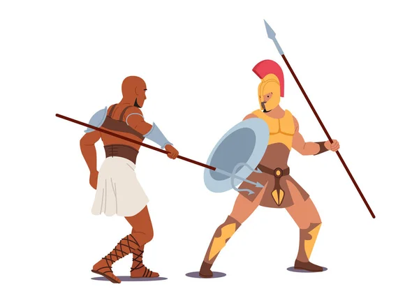 Gladiator karaktär slåss med Barbar på Coliseum Arena, antika romerska pansarvärn Spartan Warrior och Moor Fight — Stock vektor